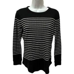 T by TALBOTS Soft & Cozy Black & Gray Striped Round Hem Sweater, Size Medium